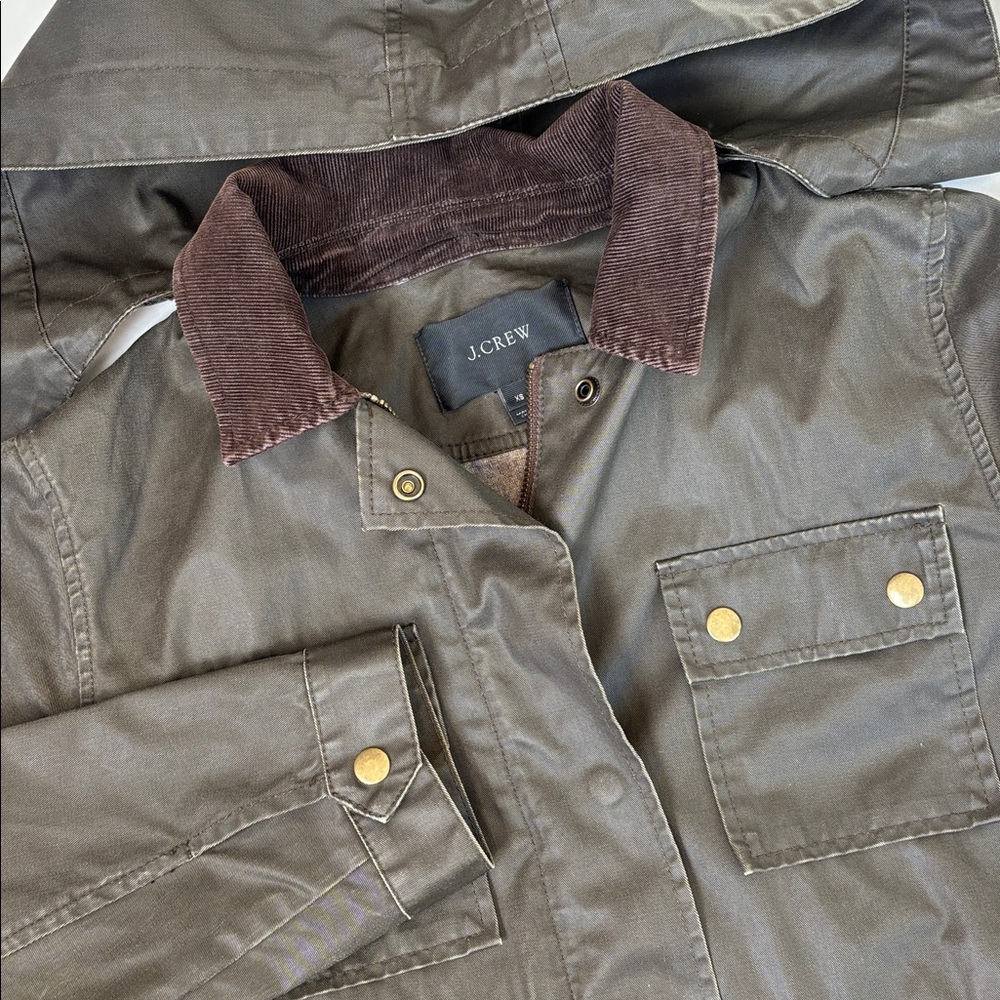 J Crew Green Utility Field Coat Jacket Corduroy Collar Waxed Cotton Womens XS‎